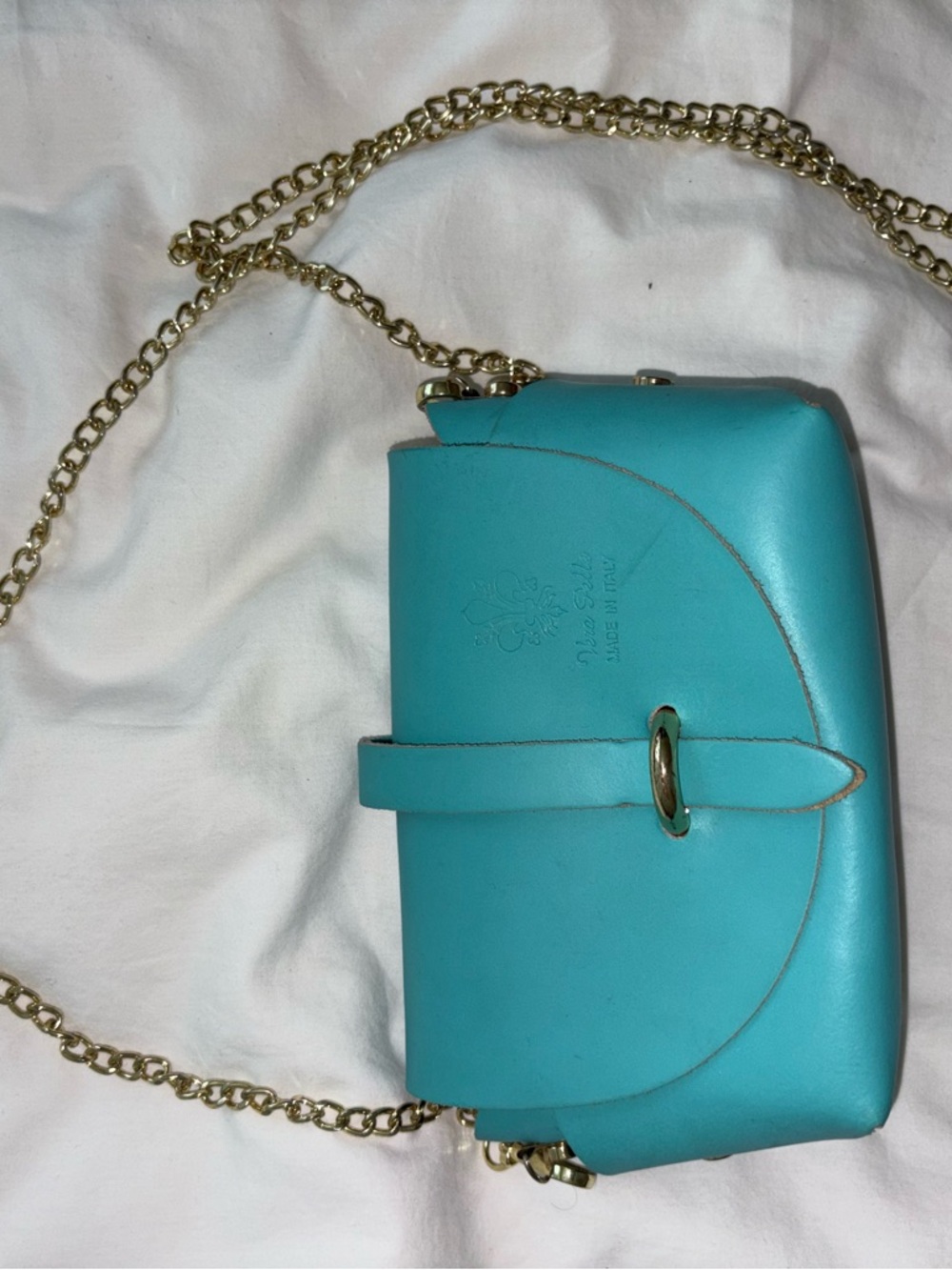 Turquoise Leather Crossbody Bag with Gold Chain Strap